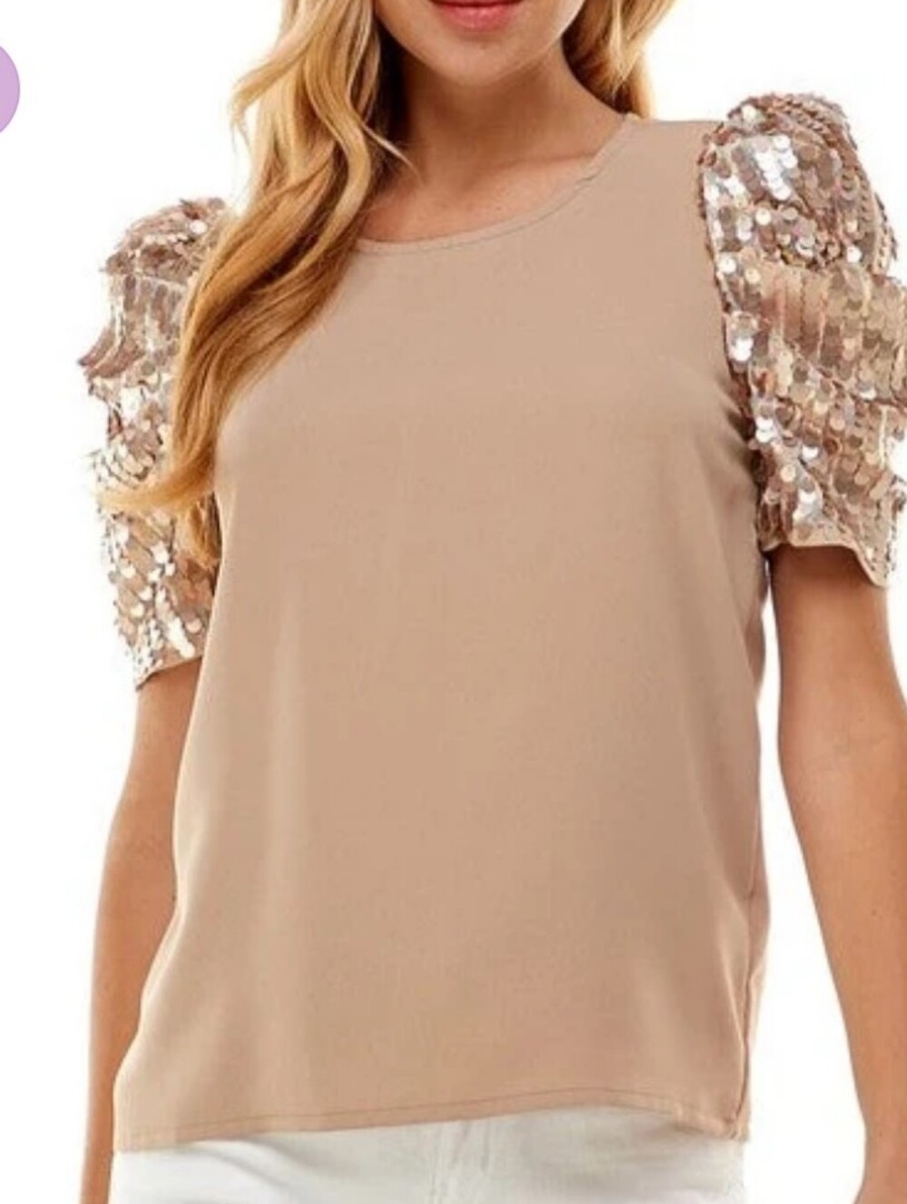 TCEC Statement Puff Sleeve Iridescent Sequin Tan Blouse Women's Size Medium